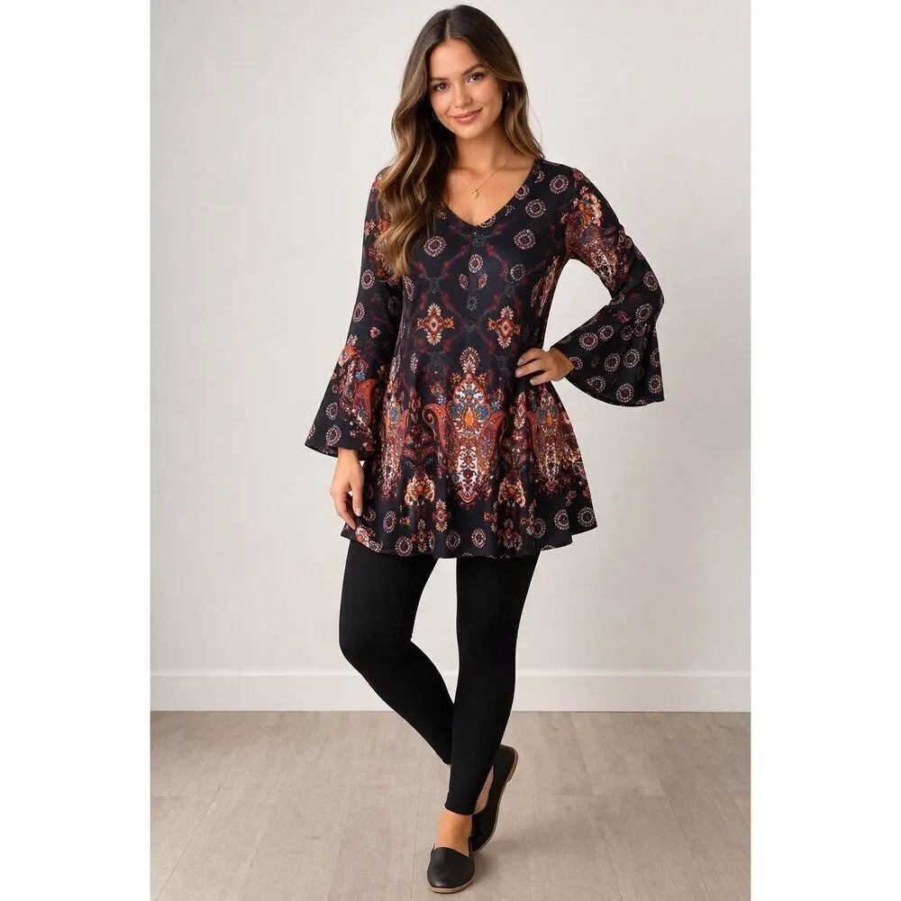 WinWin Boho Paisley Tunic Top Flare Sleeve Black S-M